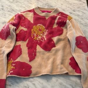 The Elder Statesman Pink and Cream Crew Neck Sweater with Floral Design